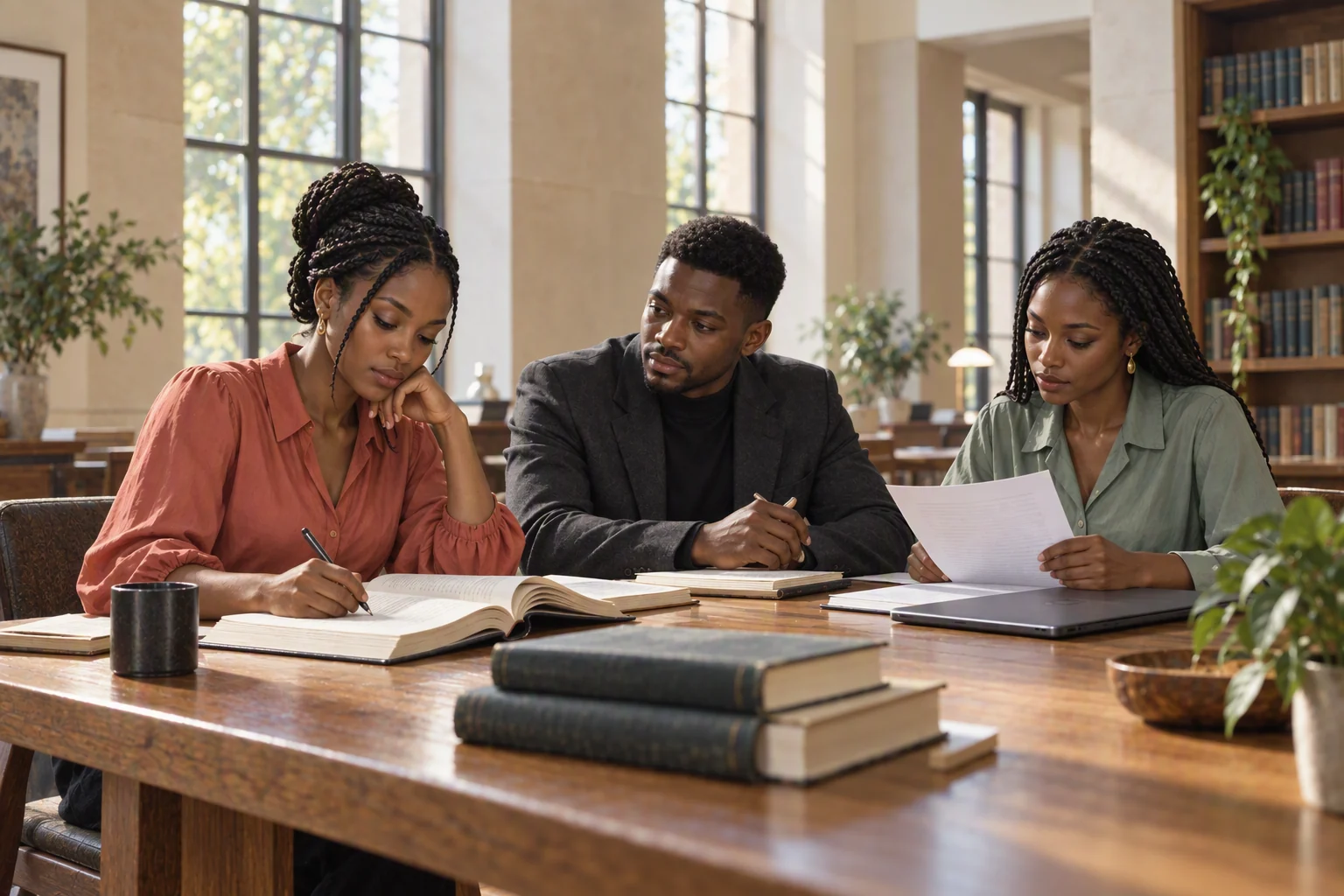 Three African legal professionals studying books and documents together in a sunlit reading room. AI-generated scene.